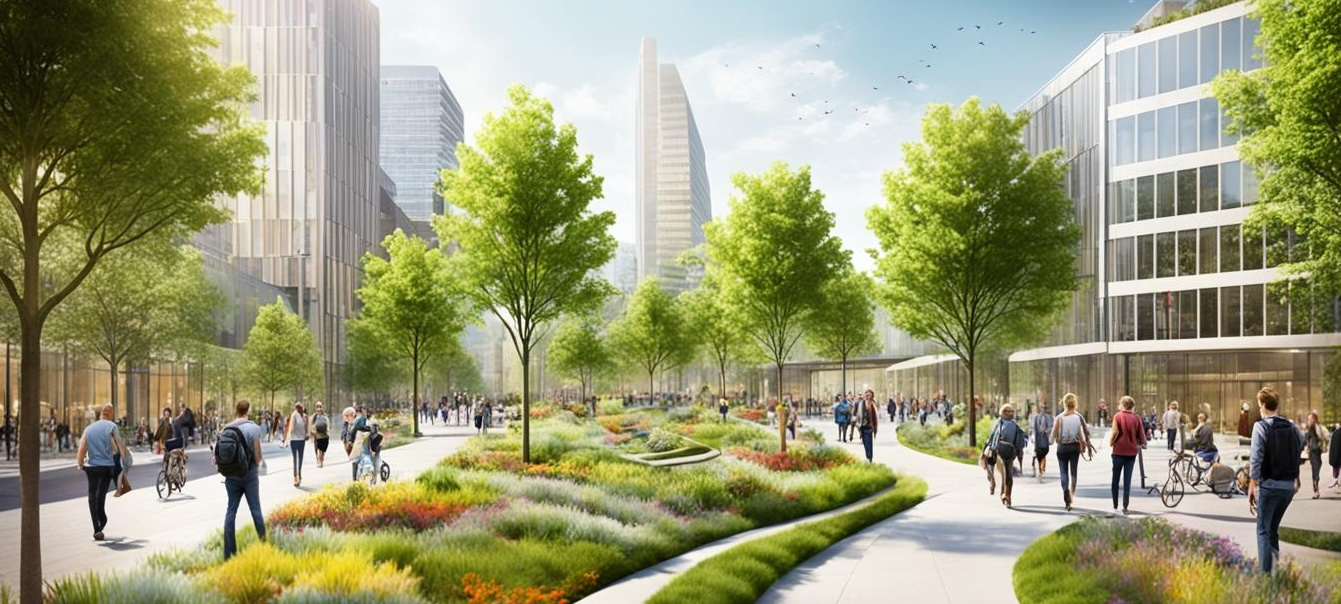 Modern green innovation campus where people live, learn, work, and collaborate in a sustainable environment that supports long-term innovation.